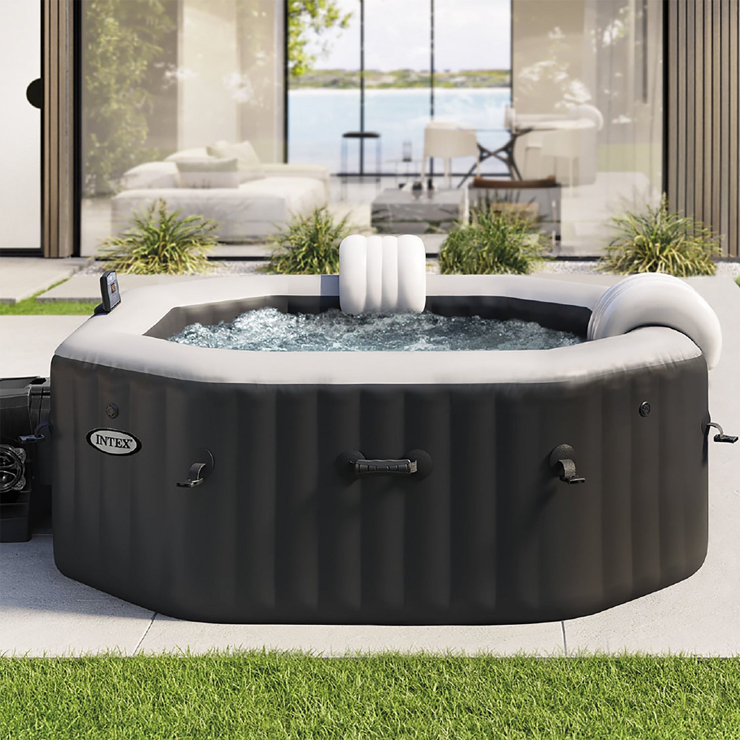 INTEX - PureSpa Bubble Glow Deluxe Idromassaggio Gonfiabile Rotonda da 4 posti colore nero - altezza 71 cm diametro 201 cm